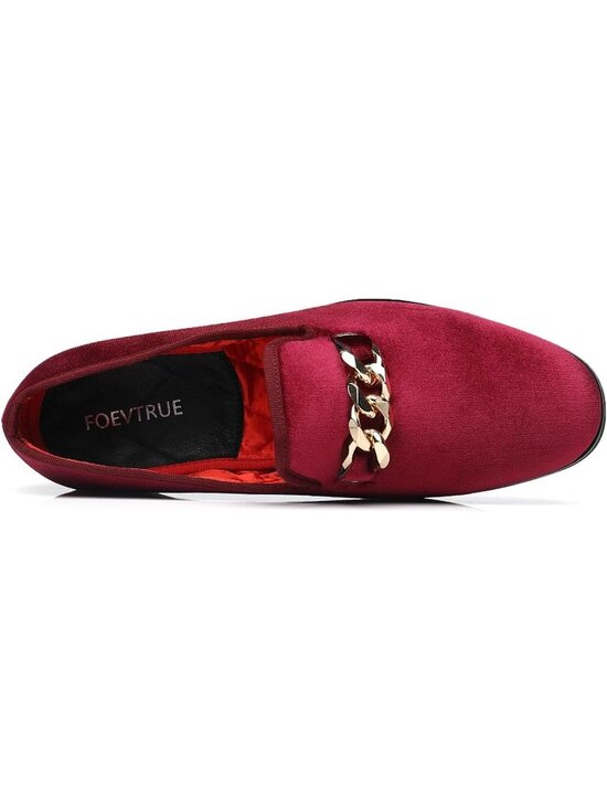 FOEVTRUE Men\'s Wine Velvet Loafers Gold Chain Buckle Slip On Fashion Shoes main image 5